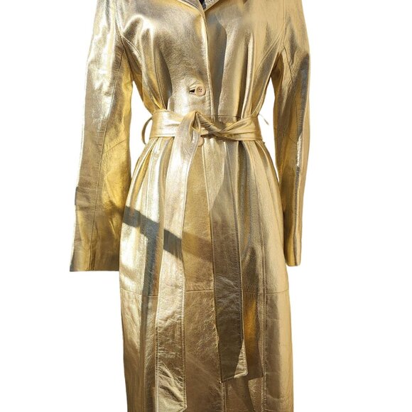 ⭐Luxury Designer Stylish Gold Real Genuine Leather Glamorous Jacket Coat Trench - Picture 6 of 16